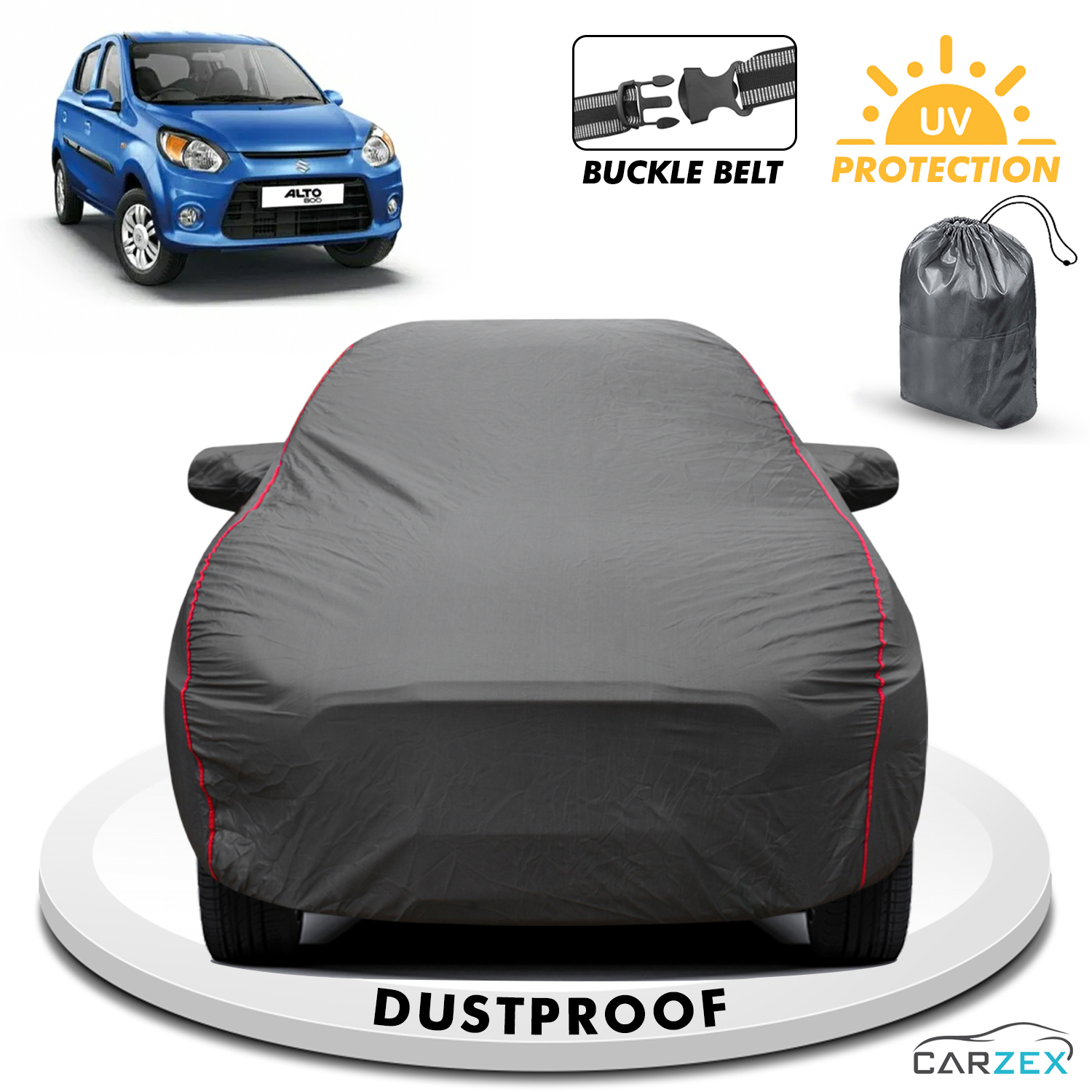 Carzex 2x2 Heavy Duty Red Border Car Body Cover Without Antenna For Maruti Alto 800